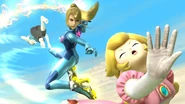 Zero Suit Samus uses her Neutral Air Attack on Peach and the Wii Fit Trainer.