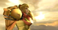 Samus, without her helmet, stands up.
