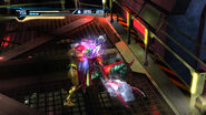 Samus executes a Lethal Strike on a Super Zebesian in the Materials Transfer Lift.