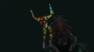 Samus leaps to evade the Queen's mouth.