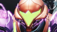 A face close-up of Samus with the Gravity Suit.