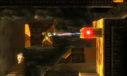 Samus using the Grapple Beam on a Pull Block in Area 3.