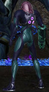 Rear view of the Gravity Fusion Suit in Metroid Prime.