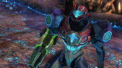 Плечи и голова Самус в Кислотном Щите крупным планом.