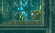 Chozo Statue holding the Varia Suit in Metroid: Samus Returns