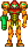 Sprite of the Fully Powered Suit equipped with the Varia Suit after the Ruins Test before the message box disappears.