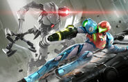 Promotional artwork of Samus sliding past E.M.M.I.-02SM