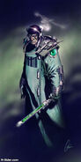 The guard, who carries a baton filled with glowing green energy and has a barcode on his suit.