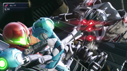 Samus counters the E.M.M.I.'s fatal attack (note how the arm of the E.M.M.I. clips through Samus).