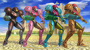 The Super Metroid Gravity Suit costume in Super Smash Bros. for Wii U (second from left)