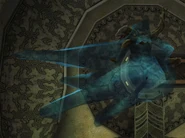 A frozen Reptilicus encased on a wall.