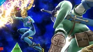 Zero Suit Samus about to use her Standard Air Attack on Link.