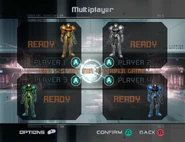 All four Samuses at the Multiplayer set-up screen.