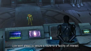 Samus taking orders from Adam, in Metroid: Other M.