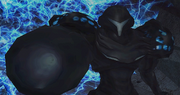 Dark Samus aims at Samus at the Portal Site.