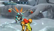 Samus faces a Kyratian in the Cryosphere.