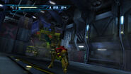 A Federation Trooper operating a large Ferrocrusher machine attacks Samus in the Cryosphere Warehouse.