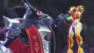 The Chozo grabs Samus by the neck.