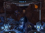 A Space Pirate standing on a structure of Phazon.