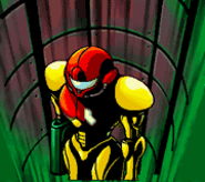 Samus rides an elevator to Norfair in Metroid: Zero Mission. Image is from a Mother Brain cutscene, without eye layers applied. Note Samus's lack of a lower half, as normally a full bodied sprite, as well as the green coloration on the lower corners of the image, were never meant to be seen.