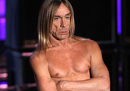 MIAMI BEACH, FL - APRIL 19: Iggy Pop rocks his Man Boobs at the Fillmore  Miami Beach two days before his 69th Birthday. James Newell Osterberg, Jr.,  better known by the stage