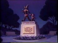 Goofy and son on fatherhood monument