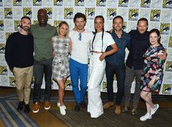 7-21-18 San Diego Comic Con Press Line Eric Charmelo, Peter Mensah, Arielle Kebbel, François Arnaud, Parisa Fitz-Henley, Dylan Bruce, Jason Lewis, and Nicole Snyder-2