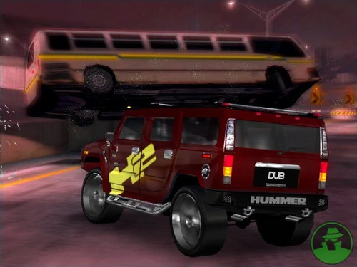 Rear view of a Hummer H2 ramming a GMC RTS bus using the Special Ability, Agro, in Detroit.
