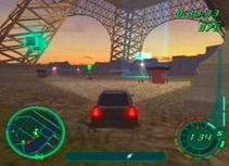 The player races to a checkpoint underneath the Eiffel Tower in in-game Paris.