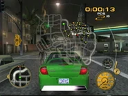 The player pulls up the map while using a green Dodge Neon in San Diego. As seen here, a race is about to begin, since checkpoints (yellow dots) can be seen on the map.