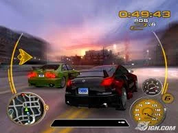 A Nissan 350Z and a Lexus IS300 race in San Diego at dawn. This is in Midnight Club 3: DUB Edition.