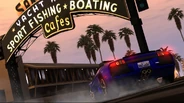 A Lamborghini Murcielago near the in-game entrance to the Santa Monica Pier.