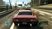 Rear view of a Lamborghini Miura racing in Los Angeles.