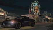 A Mercedes-Benz at the Santa Monica Pier at night in in-game Los Angeles.