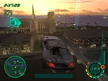 The player performs a jump high above the in-game city of Paris during a race.