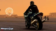 Rear view of a Kawasaki Ninja ZX-14 at the beach in Santa Monica, Los Angeles at dusk.