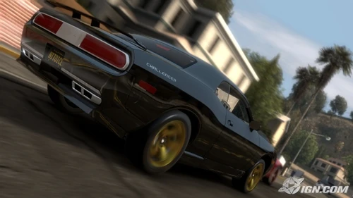 Rear view of a Dodge Challenger Concept racing in Los Angeles.