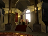 Catherine Ironfist on her throne in Castle Gryphonheart, as seen in Might and Magic VII