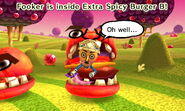 A Laid-back Mii inside an Extra Spicy Burger.