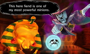 The Dark Lord with the Genie's face, threatening to attach it to a Pharaoh he created.