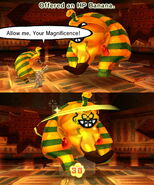 A cursed Mii giving the Pharaoh an HP Banana, healing it.