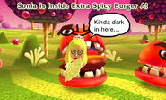 An Airheaded Mii inside an Extra Spicy Burger.