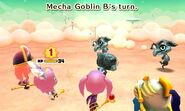 A Mecha Goblin attacking a Mii.