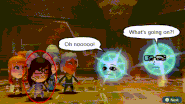 A Cautious Mii (circled) reacts to faces being put on two bosses.