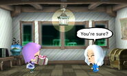 A Cautious Mii accepting the present from their Teammate roommate.