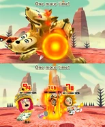 "Traveler"berus killing one Mii and critically damaging two others with its fireball attack.