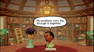 Two Mii characters reading books in the library.