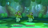 The opening screen of a battle showing two Smileshrooms in Strange Grove.