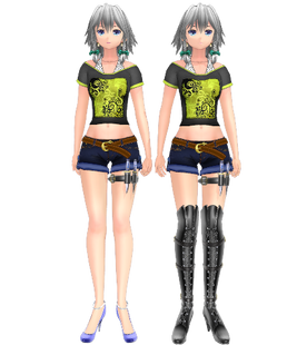 Type-S; T-shirt, jean shorts with pin heels or boots