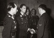 Award ceremony in 22 September 1943, Hartmann Grasser, Heinrich Prinz zu Sayn-Wittgenstein, Gunther Rall & Walter Nowotny and Adolf Hitler